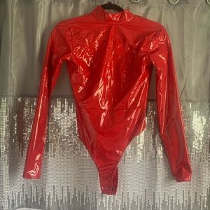 Pretty Little Thing Red Vinyl High Neck Bodysuit